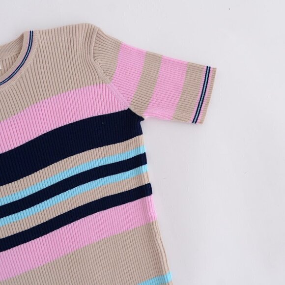 All Row Beige with Navy & Pink Stripe Bodycon Midi Short Sleeve Dress Medium - Picture 11 of 15